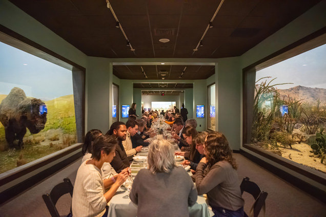 A group of people seated at a a table surrounded by dioramas.